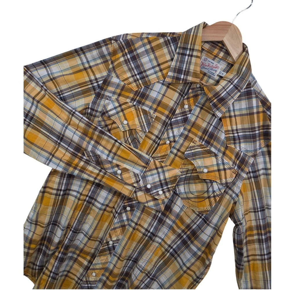 True Religion Men Gold Plaid Button Up Shirt XL Pearl Snap Western Cowboy